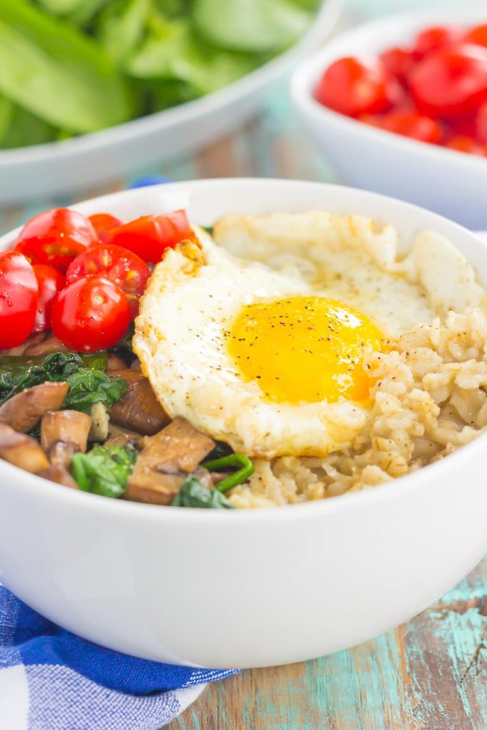 Switch up your breakfast routine with this Savory Oatmeal Breakfast Bowl. Filled with hearty oats, fresh mushrooms, sauteed spinach and an egg, this simple dish is packed with flavor and is the perfect way to start the day!