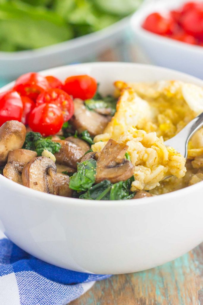 Switch up your breakfast routine with this Savory Oatmeal Breakfast Bowl. Filled with hearty oats, fresh mushrooms, sauteed spinach and an egg, this simple dish is packed with flavor and is the perfect way to start the day!