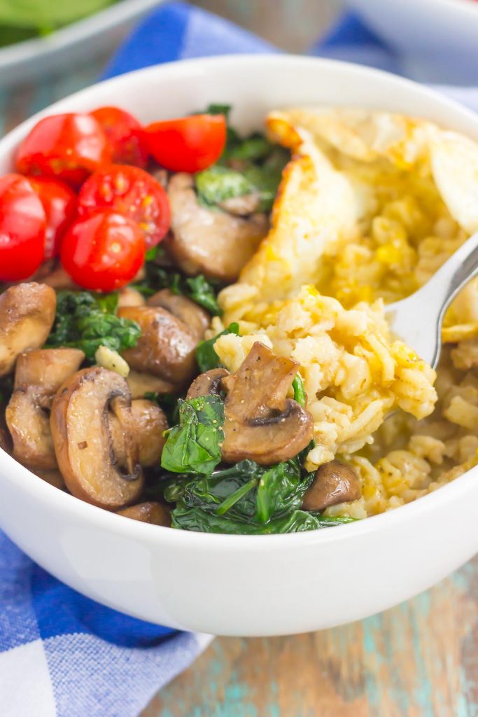 Switch up your breakfast routine with this Savory Oatmeal Breakfast Bowl. Filled with hearty oats, fresh mushrooms, sauteed spinach and an egg, this simple dish is packed with flavor and is the perfect way to start the day!