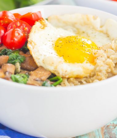 Switch up your breakfast routine with this Savory Oatmeal Breakfast Bowl. Filled with hearty oats, fresh mushrooms, sauteed spinach and an egg, this simple dish is packed with flavor and is the perfect way to start the day!