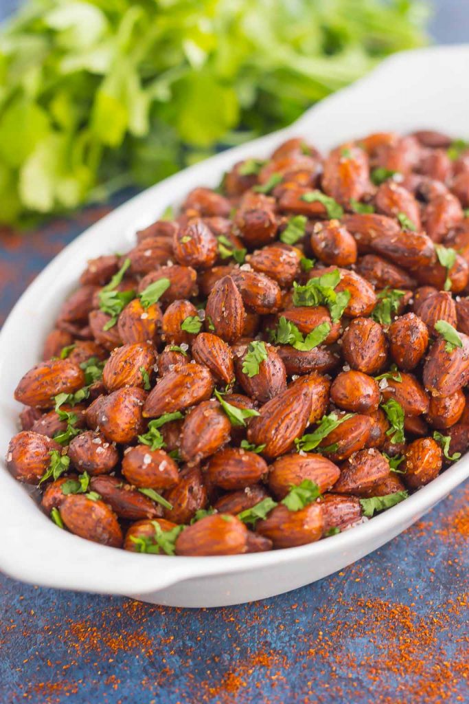 These Easy Chili Almonds are a simple snack that's packed with deliciousness. Roasted in a skillet and tossed with zesty flavors, these almonds are perfect for those snack cravings!
