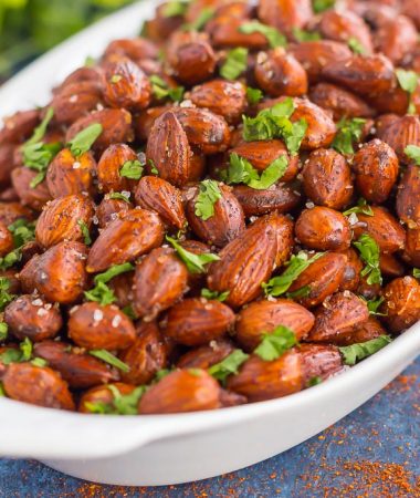 These Easy Chili Almonds are a simple snack that's packed with deliciousness. Roasted in a skillet and tossed with zesty flavors, these almonds are perfect for those snack cravings!