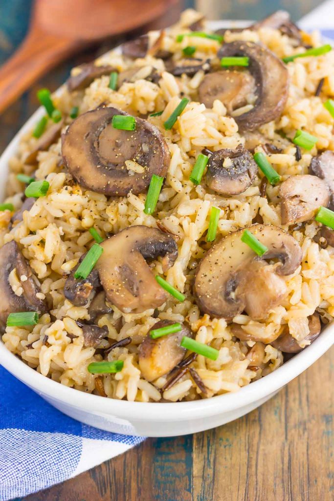 large dish of mushroom wild rice pilaf