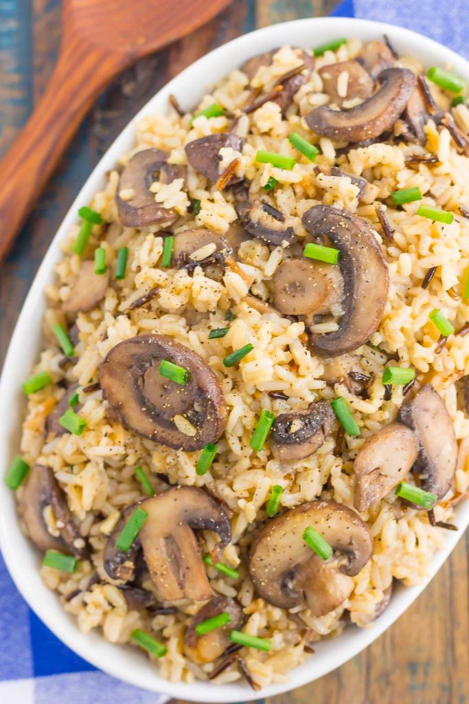 overhead view of mushroom wild rice pilaf in a white dish 