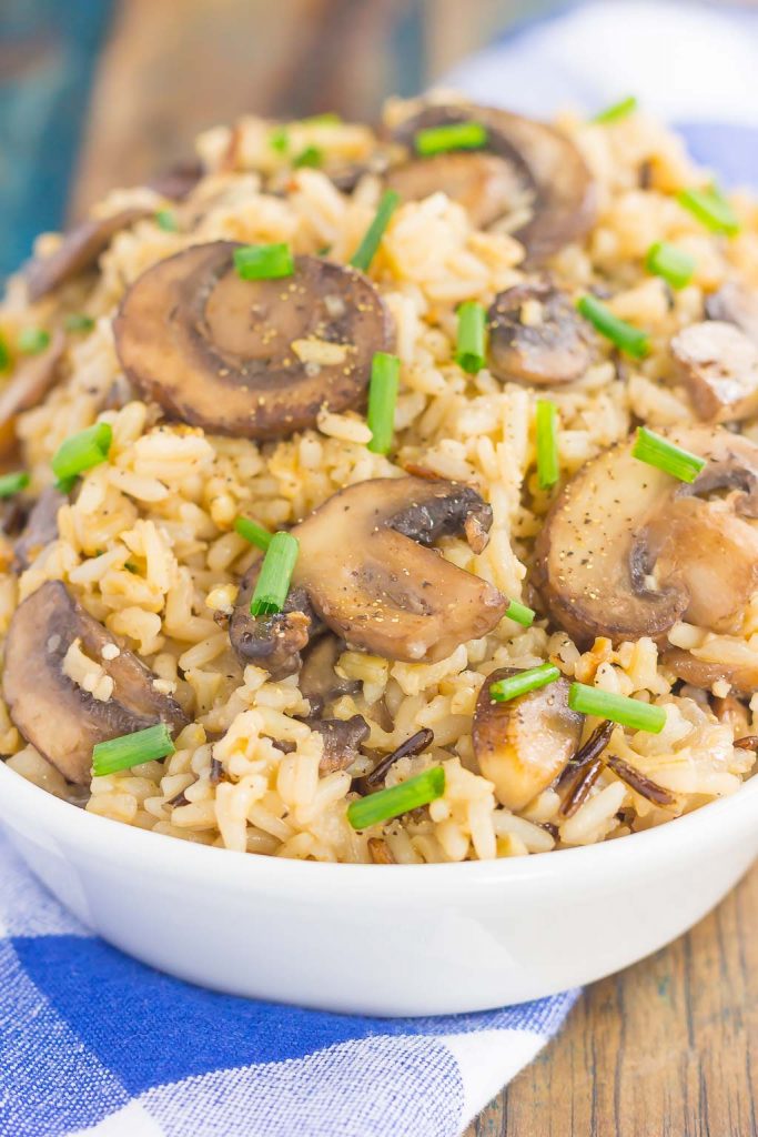 large dish of mushroom rice pilaf