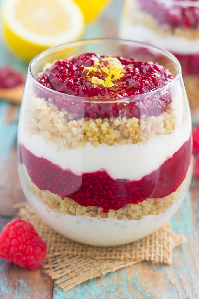 Switch up your breakfast or snack routine with this easy Raspberry Jam Quinoa Parfait. Layers of vanilla Greek yogurt, protein-packed quinoa, and homemade raspberry chia jam make a deliciously simple and nutritious dish for when you want something on the healthier side! #quinoa #quinoarecipe #quinoaparfait #yogurt #yogurtparfait #breakfast #healthybreakfast