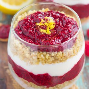 Switch up your breakfast or snack routine with this easy Raspberry Jam Quinoa Parfait! Layers of vanilla Greek yogurt, protein-packed quinoa, and homemade raspberry chia jam make a deliciously simple and nutritious dish for when you want something on the healthier side!