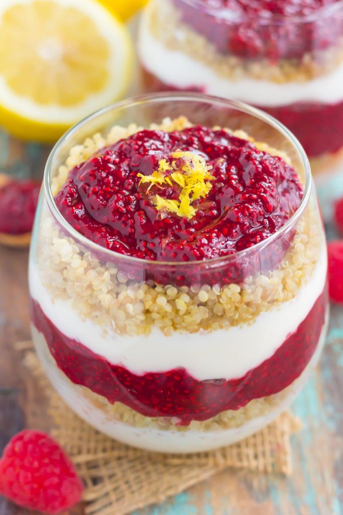 Switch up your breakfast or snack routine with this easy Raspberry Jam Quinoa Parfait! Layers of vanilla Greek yogurt, protein-packed quinoa, and homemade raspberry chia jam make a deliciously simple and nutritious dish for when you want something on the healthier side!