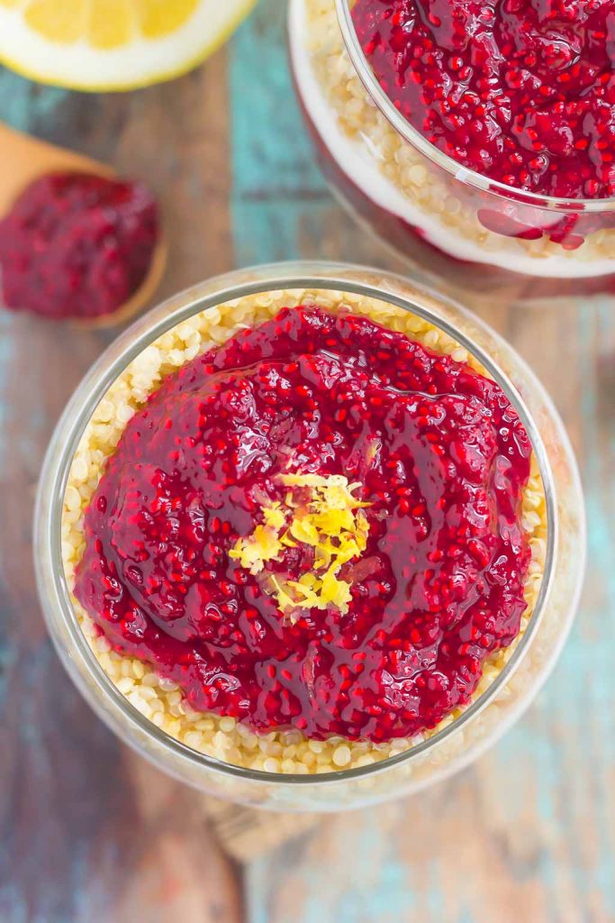 Switch up your breakfast or snack routine with this easy Raspberry Jam Quinoa Parfait! Layers of vanilla Greek yogurt, protein-packed quinoa, and homemade raspberry chia jam make a deliciously simple and nutritious dish for when you want something on the healthier side!