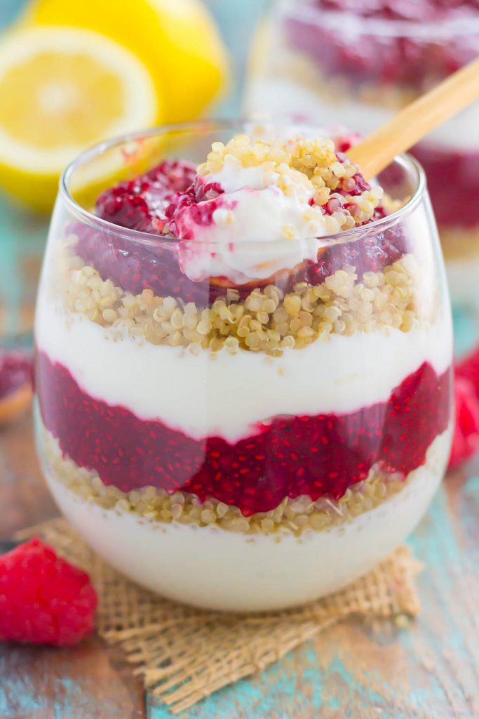 Switch up your breakfast or snack routine with this easy Raspberry Jam Quinoa Parfait! Layers of vanilla Greek yogurt, protein-packed quinoa, and homemade raspberry chia jam make a deliciously simple and nutritious dish for when you want something on the healthier side!