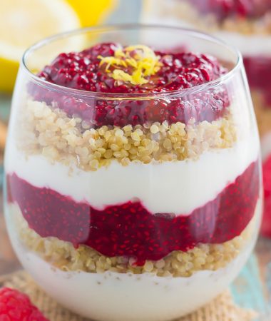 Switch up your breakfast or snack routine with this easy Raspberry Jam Quinoa Parfait! Layers of vanilla Greek yogurt, protein-packed quinoa, and homemade raspberry chia jam make a deliciously simple and nutritious dish for when you want something on the healthier side!