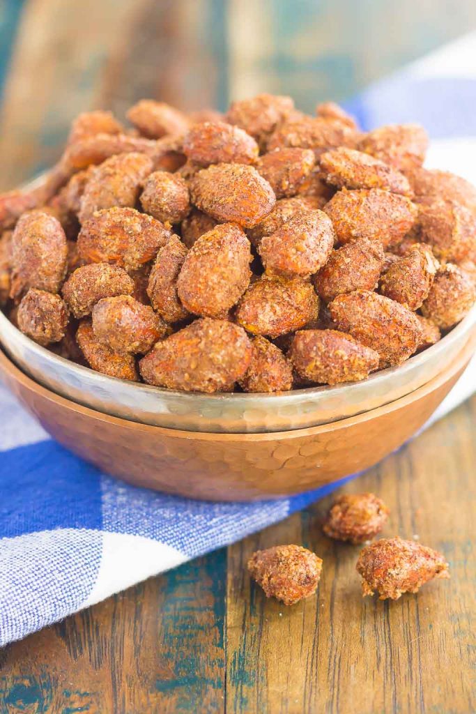 These Roasted Cinnamon and Nutmeg Almonds are filled with sweet flavors that pack an irresistible taste. Crunchy, sweet, and a good-for-you snack, these almonds are perfect for mid-morning or late night munchies!