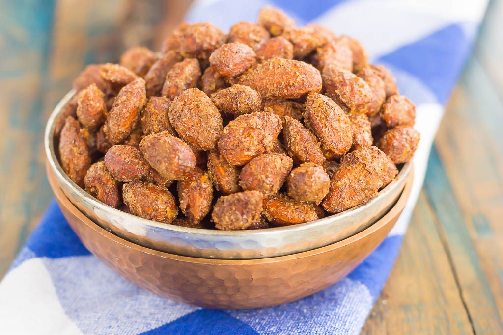These Roasted Cinnamon and Nutmeg Almonds are filled with sweet flavors that pack an irresistible taste. Crunchy, sweet, and a good-for-you snack, these almonds are perfect for mid-morning or late night munchies!