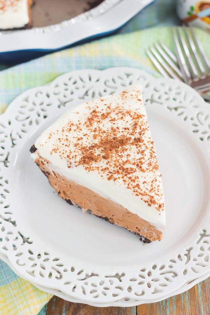 slice of nutella pie on a white plate. 