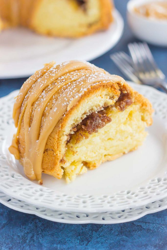 This Cinnamon Streusel Butter Cake with Caramel Icing is a decadent dessert that is sure to impress everyone. A moist and rich batter is sweetened with hints of butter, swirled with cinnamon streusel, and then topped with a rich, caramel icing. Easy to make and even better to eat, this cake will quickly become a favorite in your household!