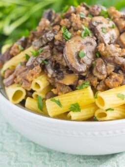 This Creamy Sausage and Mushroom Rigatoni is the perfect comfort dish that's ready in just 30 minutes. Zesty sausage, fresh mushrooms and rigatoni pasta are tossed in flavorful cream sauce. Hearty, comforting, and all-around delicious, this meal-time favorite is sure to be a winner all year long!