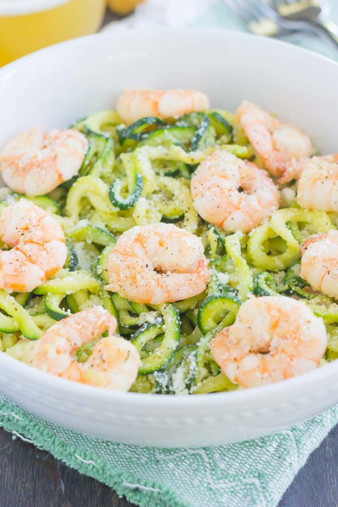 Parmesan zoodles and shrimp in a white bowl 