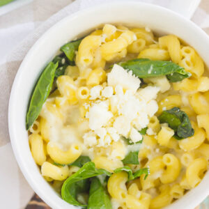 All it takes is just one mug and 5 minutes to make this Microwave Mug Spinach and Feta Macaroni and Cheese. Tender pasta, mozzarella and feta cheeses and a sprinkling of spinach create an easy, cheesy, and oh-so delicious single serving recipe for the best macaroni and cheese!