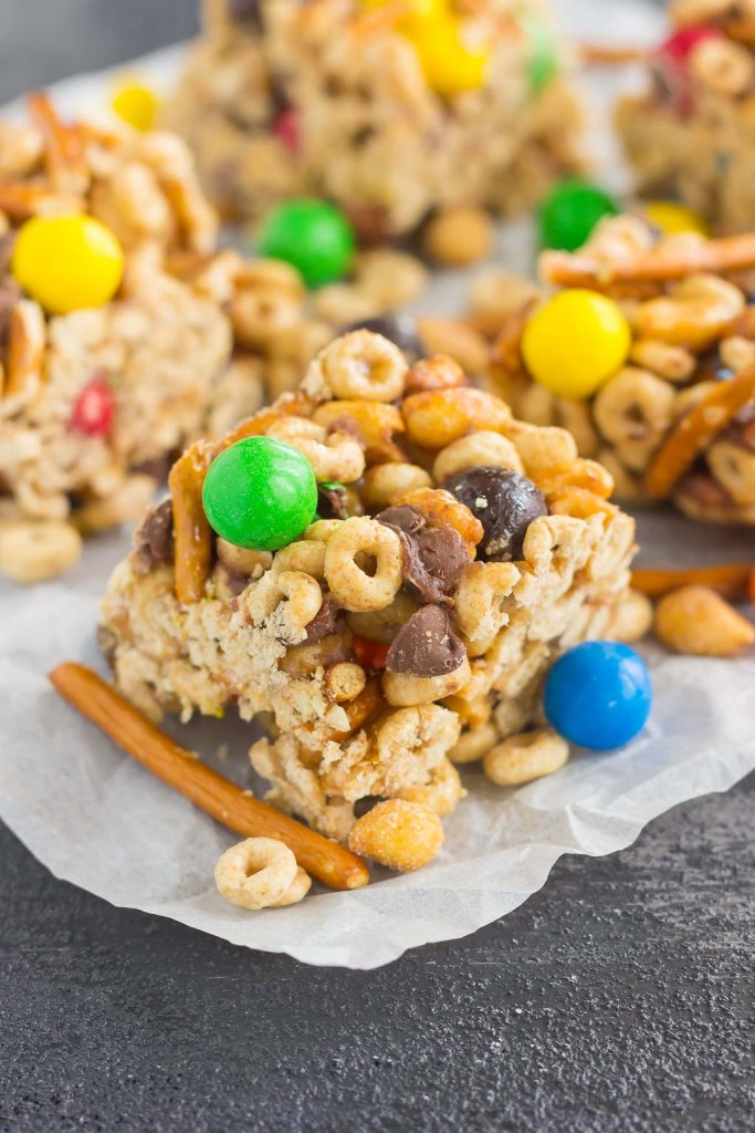 These No-Bake Sweet and Salty Cereal Bars are perfect for when those cravings strike. Filled with Honey Nut Cheerios, honey roasted peanuts, pretzels, and chocolate candies, these bars are the perfect combination of sweet and salty. With no oven required and minimal ingredients, you can have these bars prepped and ready to be devoured in no time!