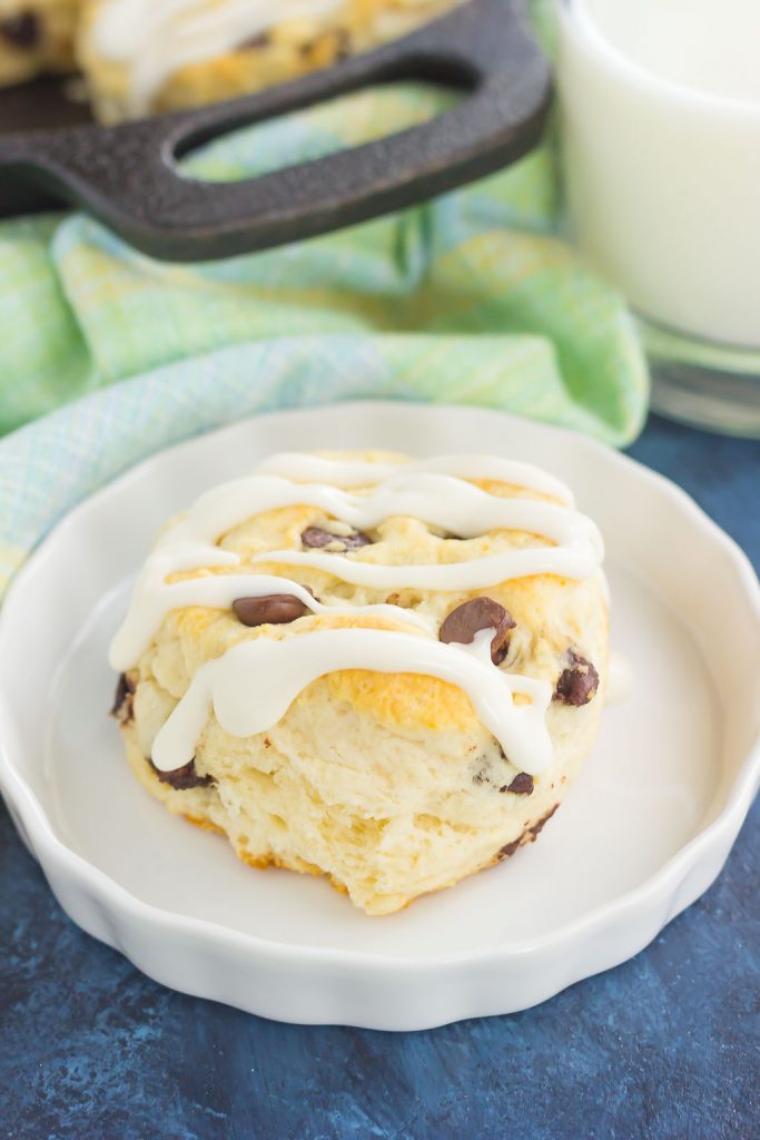 These Chocolate Chip Biscuits are light, fluffy, and filled with sweet chocolate chips. Easy to make and ready in less than 30 minutes, this simple dish is perfect for breakfast or dessert!