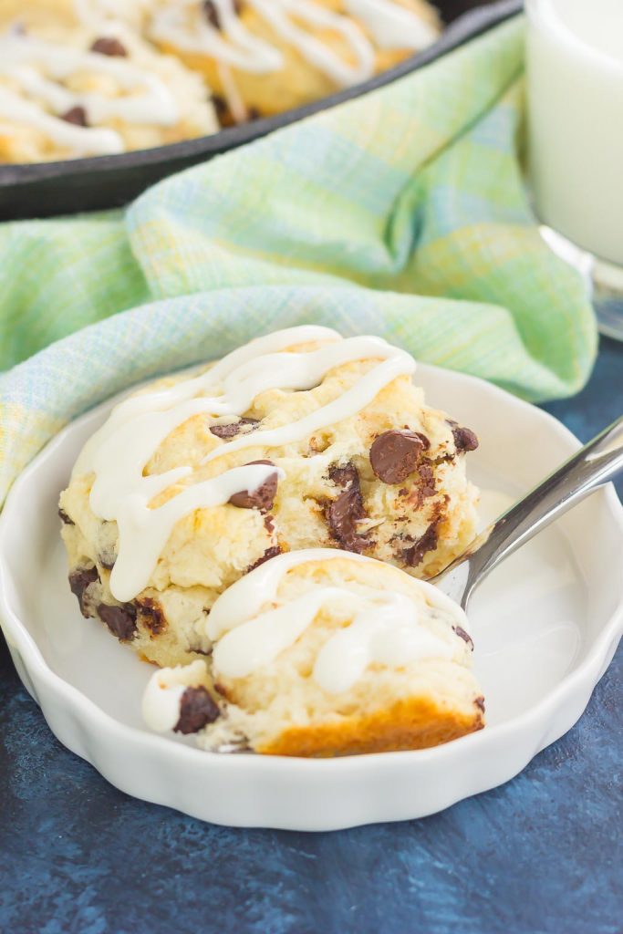 These Chocolate Chip Biscuits are light, fluffy, and filled with sweet chocolate chips. Easy to make and ready in less than 30 minutes, this simple dish is perfect for breakfast or dessert!