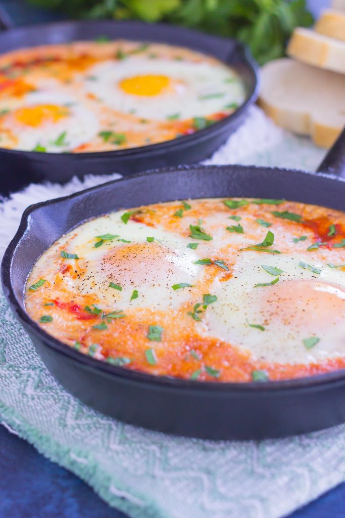 These Marinara Baked Eggs make an easy and hearty meal for busy mornings. Perfect alongside toast, garlic bread, or on its own, this dish is sure to be a favorite all year long!