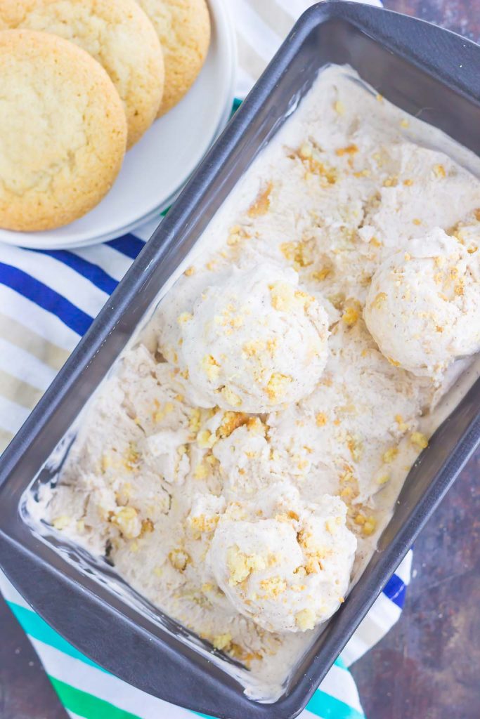 This {No-Churn} Snickerdoodle Ice Cream is loaded with cinnamon ribbons and soft sugar cookie pieces, all swirled into a sweet vanilla batter. Easy to make and with no ice cream maker needed, this creamy treat tastes just like your favorite cookie, in frozen form!