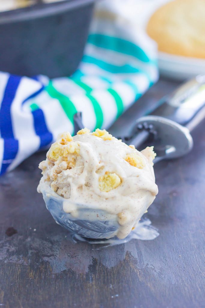 This {No-Churn} Snickerdoodle Ice Cream is loaded with cinnamon ribbons and soft sugar cookie pieces, all swirled into a sweet vanilla batter. Easy to make and with no ice cream maker needed, this creamy treat tastes just like your favorite cookie, in frozen form!