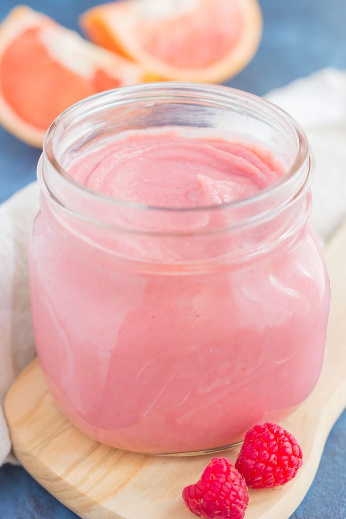 This Raspberry Grapefruit Curd is smooth, silky, and packed with lots of flavor! Fresh raspberries and tangy ruby red grapefruit create a luscious and creamy combination that is decadently delicious. This curd is perfect to serve with toast, pancakes, waffles, oatmeal, or even over ice cream!