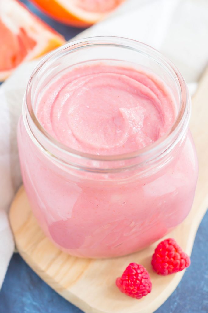 This Raspberry Grapefruit Curd is smooth, silky, and packed with lots of flavor! Fresh raspberries and tangy ruby red grapefruit create a luscious and creamy combination that is decadently delicious. This curd is perfect to serve with toast, pancakes, waffles, oatmeal, or even over ice cream!