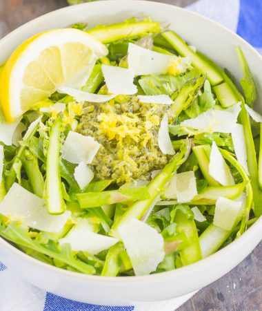 Filled with tender asparagus ribbons, fresh arugula, and a lemony pesto sauce, this Shaved Asparagus Pesto Salad is perfect to enjoy as a main dish or simple side dish. Easy to prepare and with a light and fresh flavor, you'll fall in love with the taste and texture of these fresh greens!