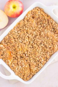 overhead shot of a baked french toast casserole in a white dish