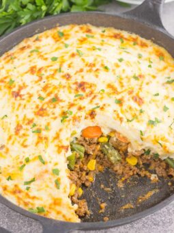 This Easy Shepherd's Pie features a unique spin on the classic version and is ready in less than 20 minutes. Loaded with zesty ground beef, cheddar cheese, mixed veggies, and topped with creamy, cheesy mashed potatoes, this is the ultimate comfort dish for everyone to enjoy!