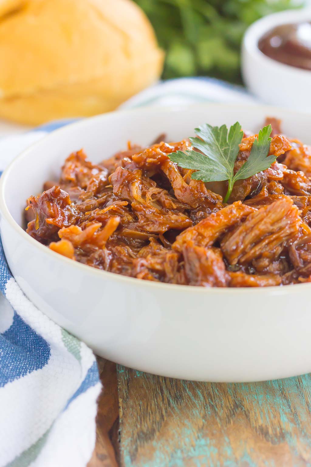 Slow Cooker Barbecue Pulled Pork in white bowl