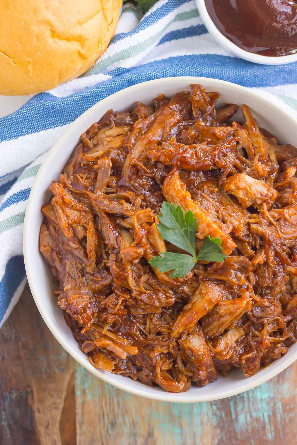 overhead view of bowl of Slow Cooker Barbecue Pulled Pork 