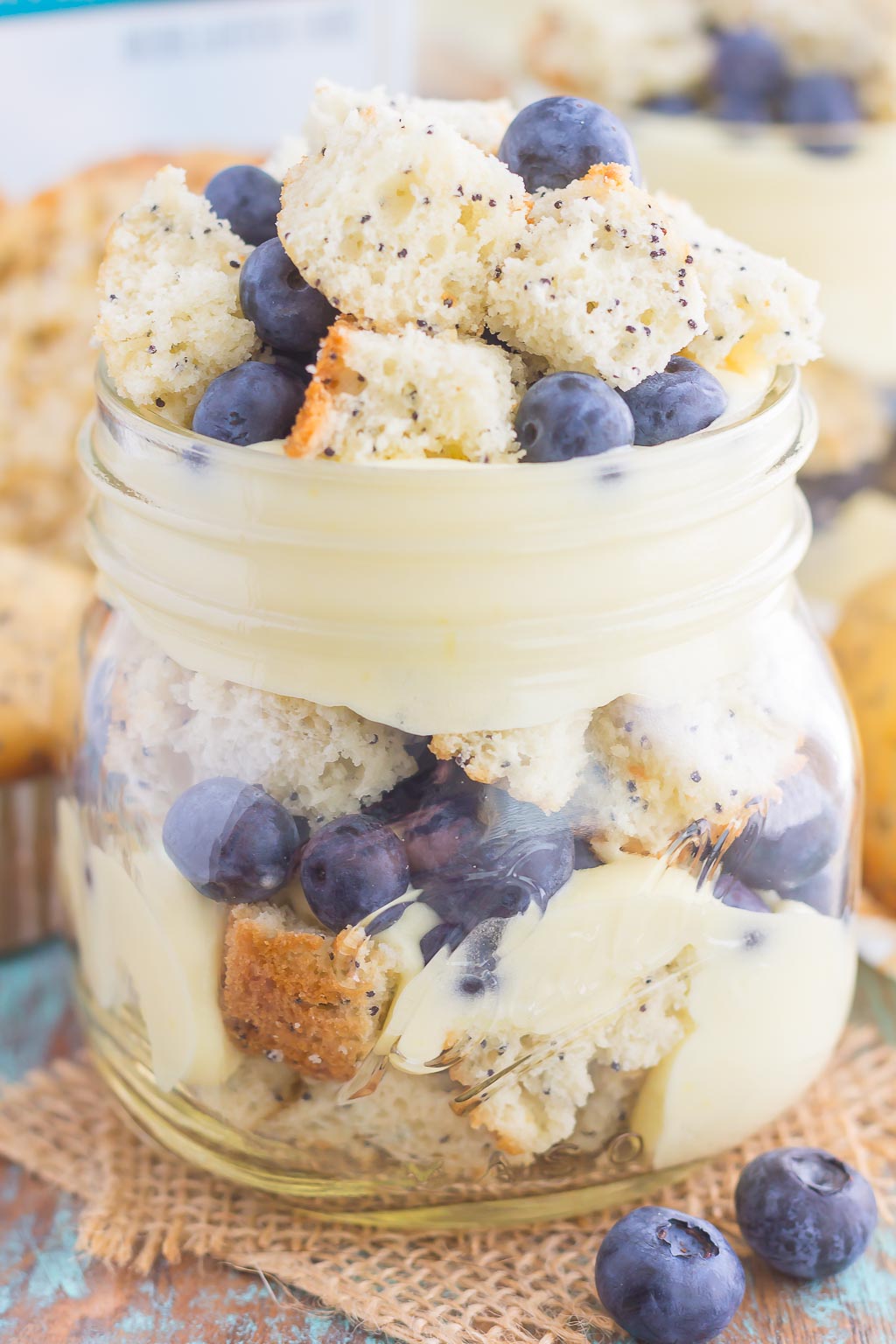 Blueberry Almond Poppy Seed Muffin Trifles are filled with creamy, whipped vanilla pudding, almond poppy seed muffin chunks, and fresh blueberries. It's layered together to create a simple dessert that's ready in no time!