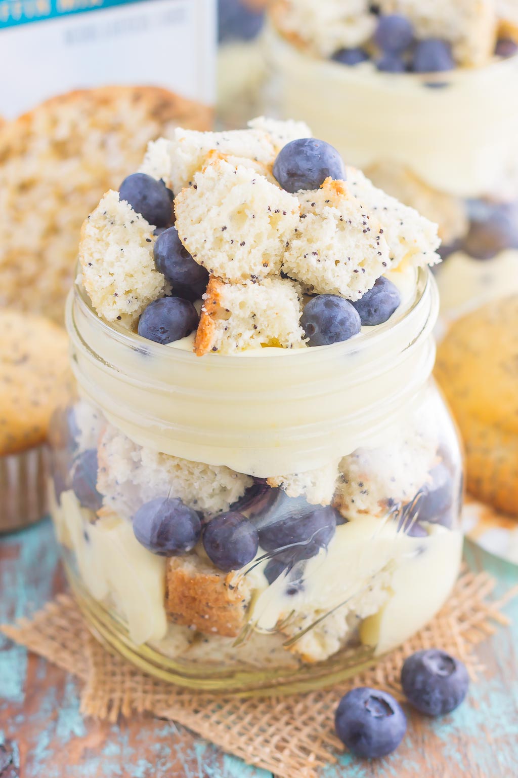 Blueberry Almond Poppy Seed Muffin Trifles are filled with creamy, whipped vanilla pudding, almond poppy seed muffin chunks, and fresh blueberries. It's layered together to create a simple dessert that's ready in no time!