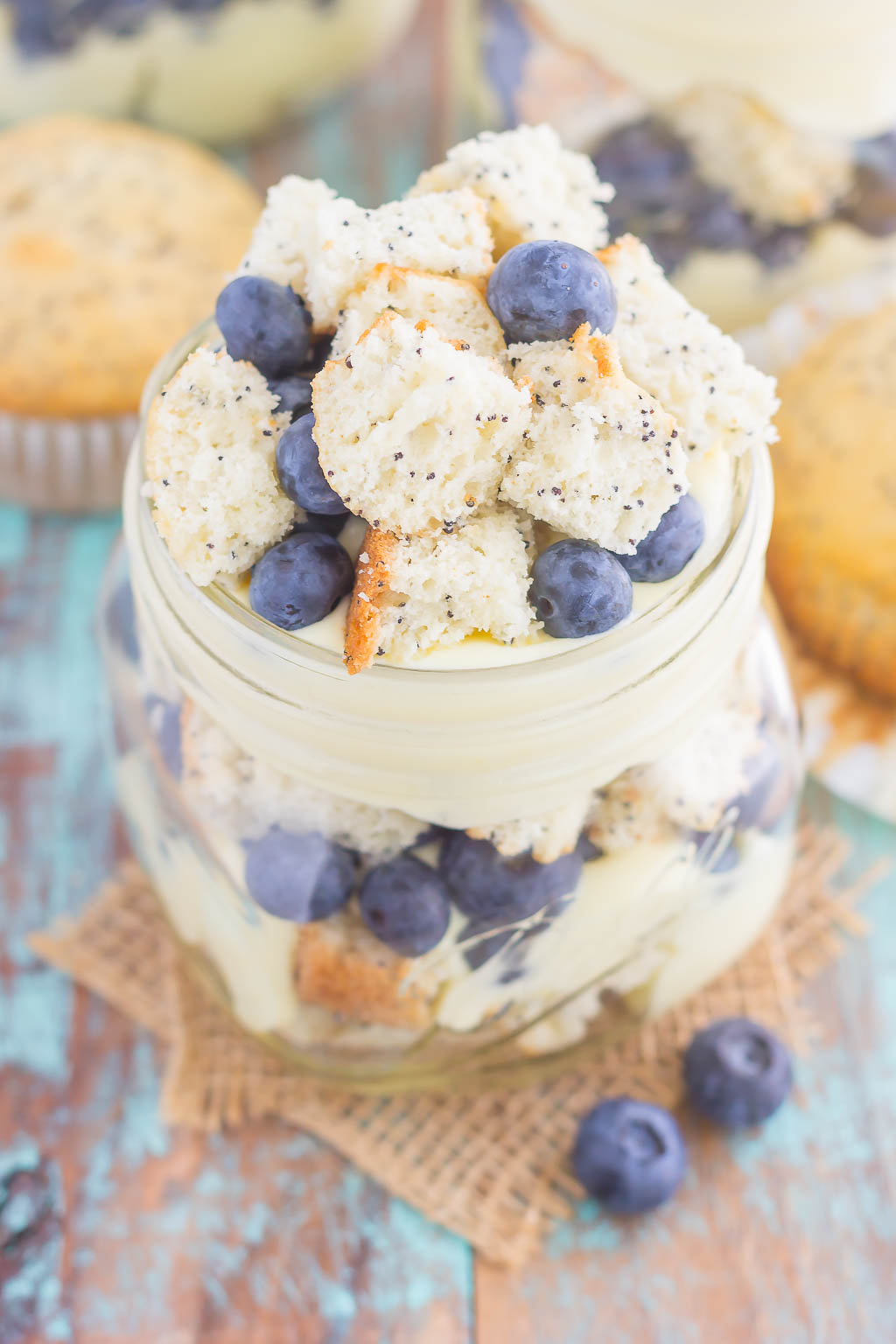 Blueberry Almond Poppy Seed Muffin Trifles are filled with creamy, whipped vanilla pudding, almond poppy seed muffin chunks, and fresh blueberries. It's layered together to create a simple dessert that's ready in no time!