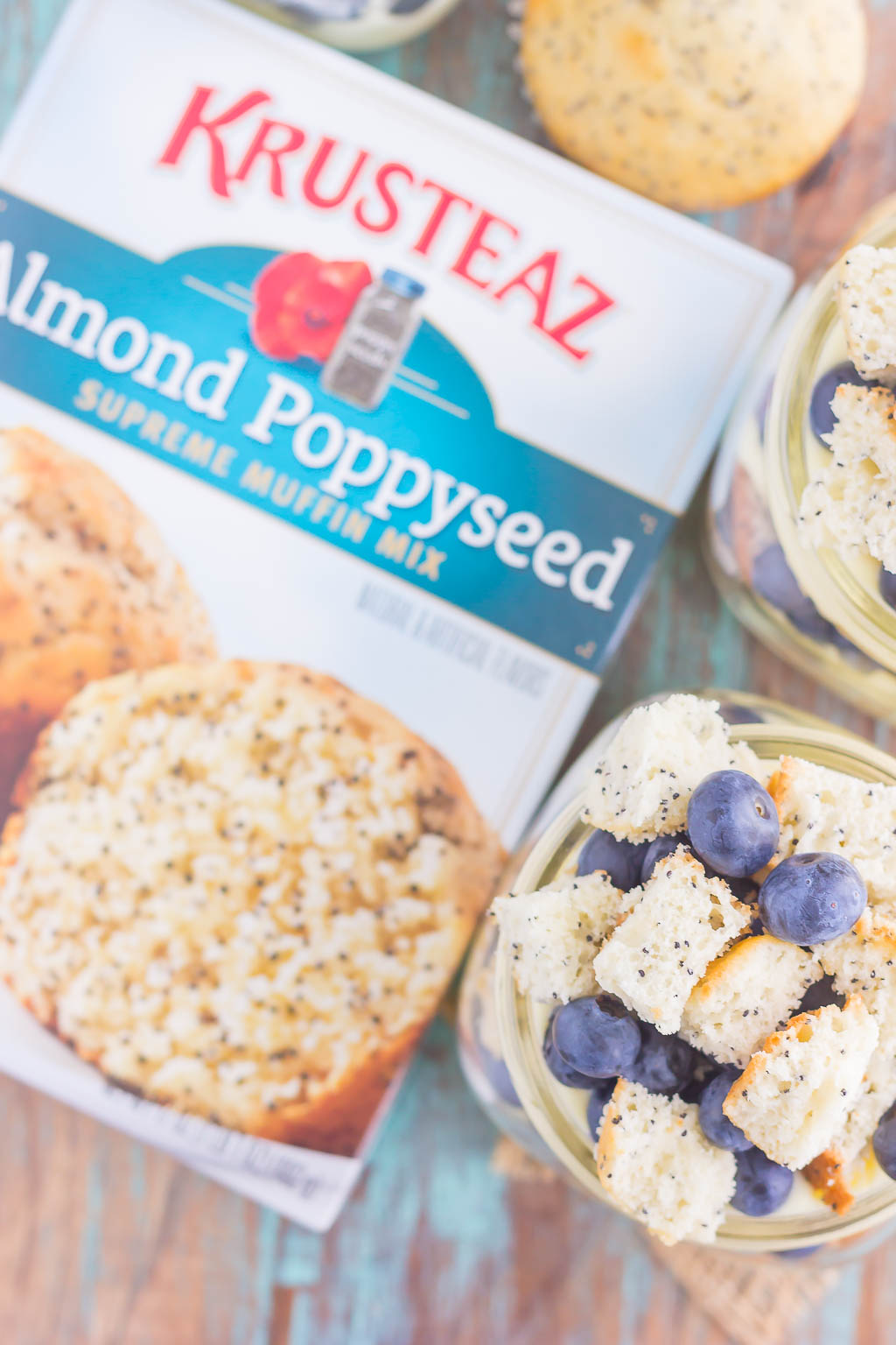 Blueberry Almond Poppy Seed Muffin Trifles are filled with creamy, whipped vanilla pudding, almond poppy seed muffin chunks, and fresh blueberries. It's layered together to create a simple dessert that's ready in no time!