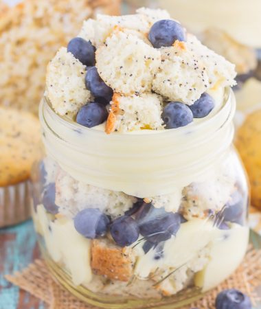 Blueberry Almond Poppy Seed Muffin Trifles are filled with creamy, whipped vanilla pudding, almond poppy seed muffin chunks, and fresh blueberries. It's layered together to create a simple dessert that's ready in no time!