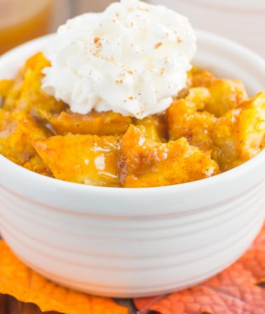 This Pumpkin Bread Pudding with Brown Sugar Caramel Sauce is warm, cozy, and perfect for dessert. It's easy to make, packed with simple ingredients, and topped with an easy caramel sauce. This pumpkin dish is guaranteed to be a favorite all year long!