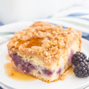 This Blackberry Streusel Pancake Casserole is an easy dish that the whole family will enjoy. Fluffy, buttermilk pancake batter is studded with fresh blackberries and then topped with cinnamon streusel. Baked until golden and bursting with flavor, this comfort dish is the ultimate breakfast!