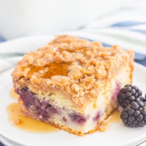 This Blackberry Streusel Pancake Casserole is an easy dish that the whole family will enjoy. Fluffy, buttermilk pancake batter is studded with fresh blackberries and then topped with cinnamon streusel. Baked until golden and bursting with flavor, this comfort dish is the ultimate breakfast!