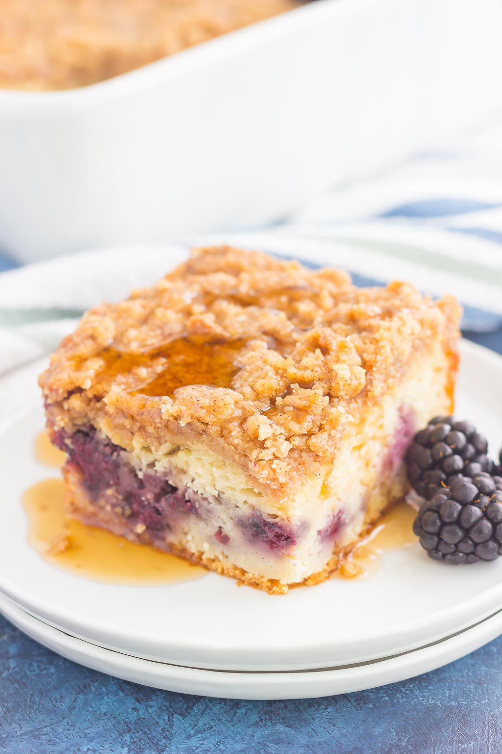 This Blackberry Streusel Pancake Casserole is an easy dish that the whole family will enjoy. Fluffy, buttermilk pancake batter is studded with fresh blackberries and then topped with cinnamon streusel. Baked until golden and bursting with flavor, this comfort dish is the ultimate breakfast!