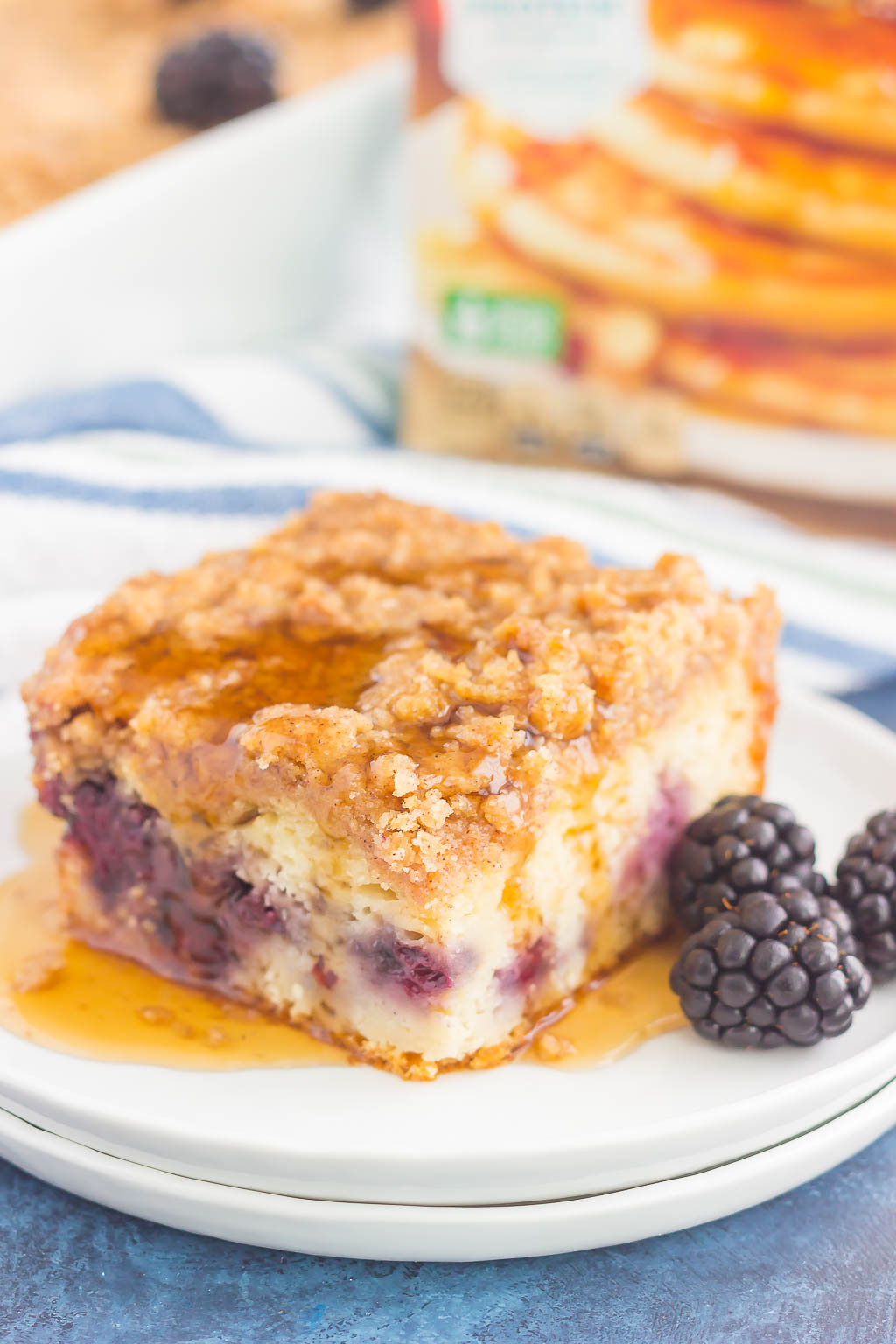 This Blackberry Streusel Pancake Casserole is an easy dish that the whole family will enjoy. Baked until golden and bursting with flavor, this comfort dish is the ultimate breakfast! #pancakes #pancakecasserole #pancakerecipe #blackberrypancakes #easybreakfast #breakfast