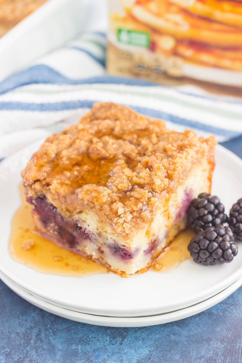 This Blackberry Streusel Pancake Casserole is an easy dish that the whole family will enjoy. Fluffy, buttermilk pancake batter is studded with fresh blackberries and then topped with cinnamon streusel. Baked until golden and bursting with flavor, this comfort dish is the ultimate breakfast!