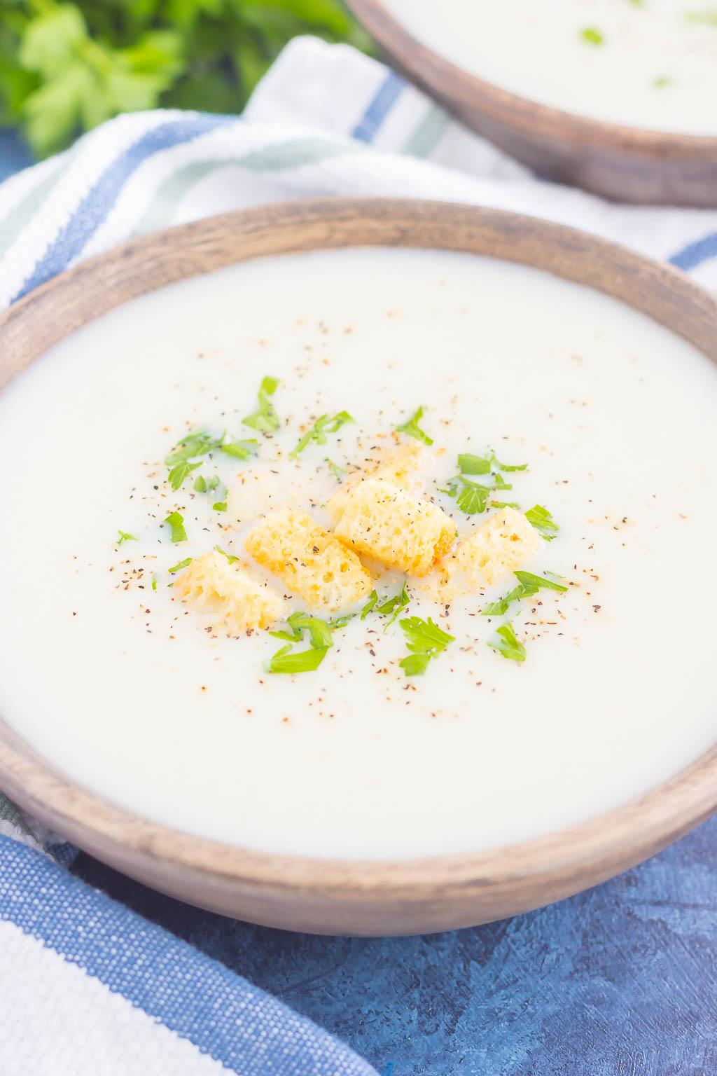 A bowl of cauliflower soup made with no cream. 