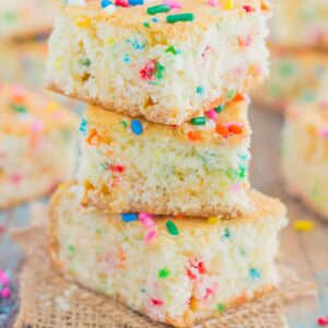 Soft, moist, and full of cake batter flavor, these Funfetti Cake Batter Bars are sure to satisfy your sweet tooth in a fun way!