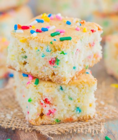 Soft, moist, and full of cake batter flavor, these Funfetti Cake Batter Bars are sure to satisfy your sweet tooth in a fun way!