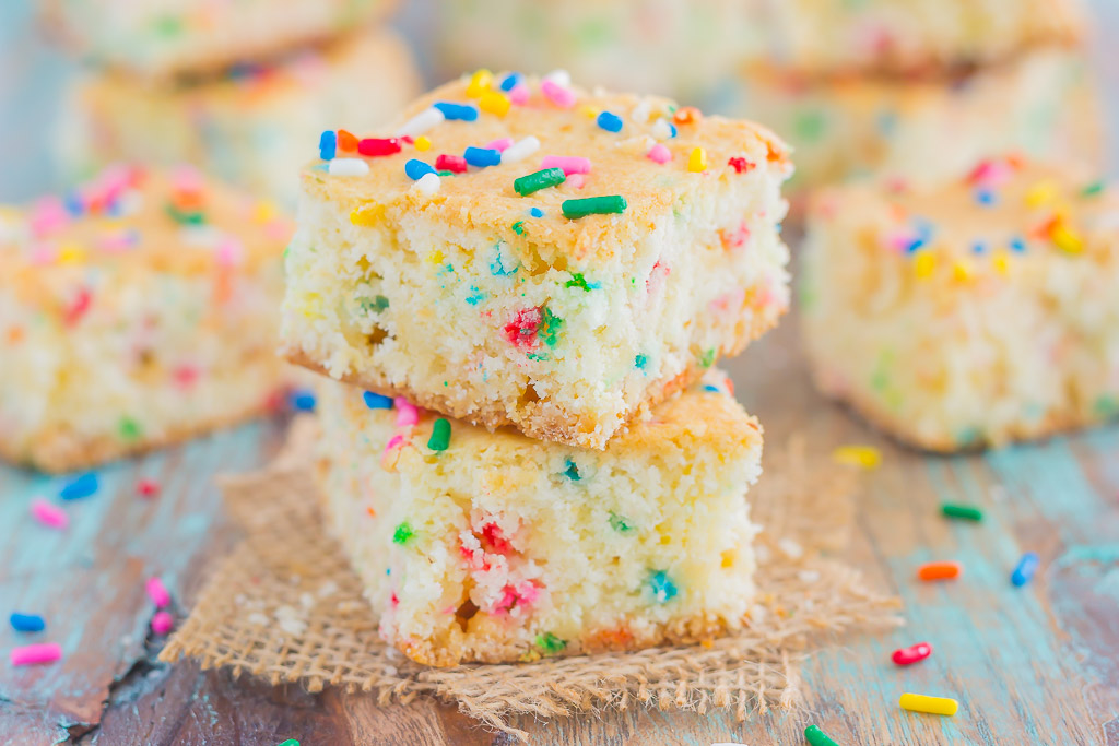 Soft, moist, and full of cake batter flavor, these Funfetti Cake Batter Bars are sure to satisfy your sweet tooth in a fun way!